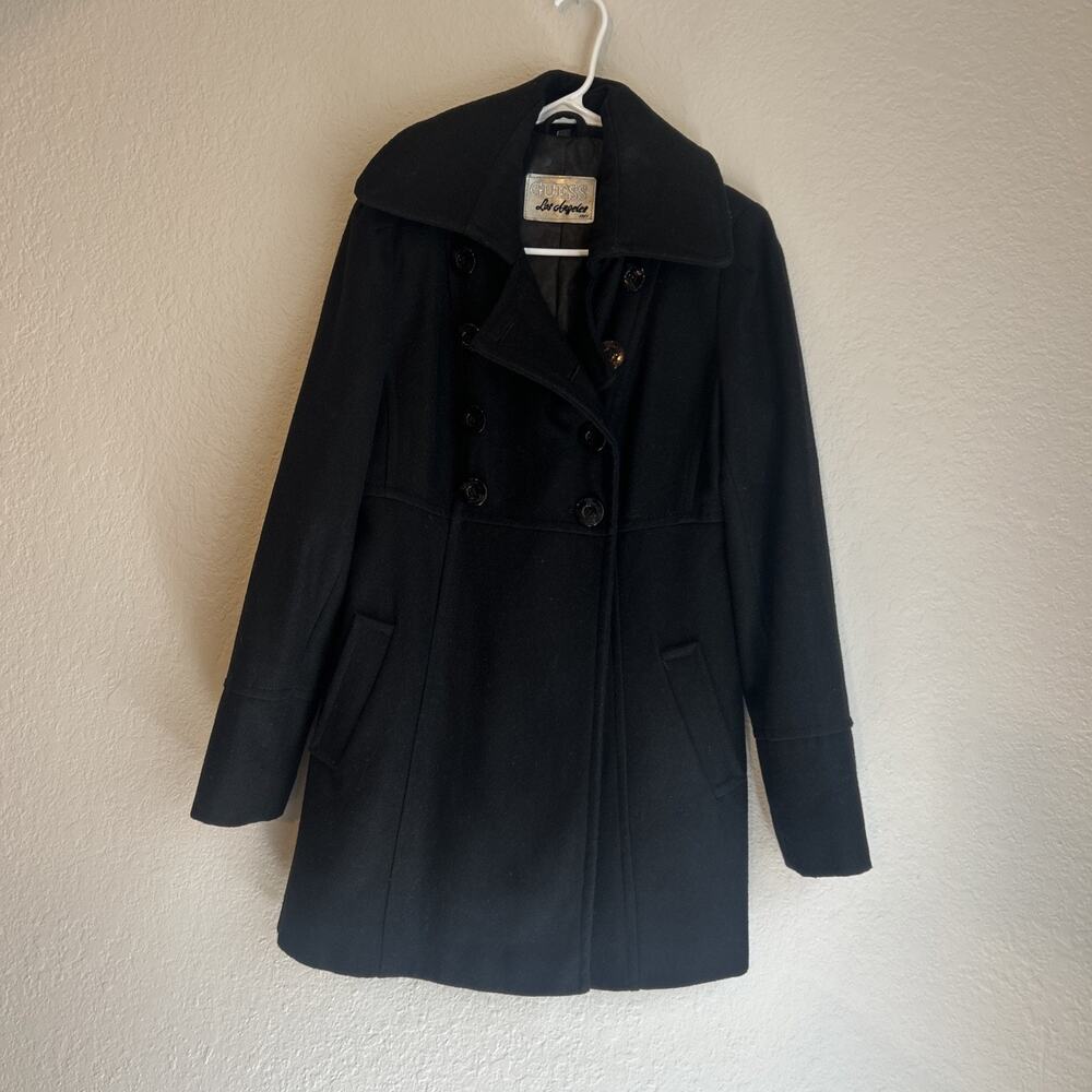 Guess Black Double Breasted Peacoat Wide Shawl Collar Fitted Wool Blend S 2000s